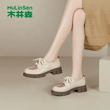 木林森2025新款夏季厚底乐福鞋女网面透气系带英伦风小皮鞋单鞋女图片
