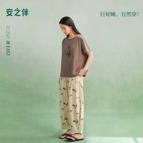 【主播专属】安之伴睡衣女纯棉带胸垫短袖长裤套装休闲家居服图片