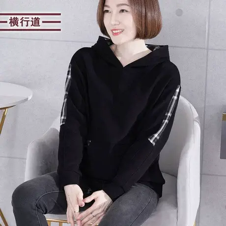 拼接格口袋连帽衫休闲宽松大码女装套头妈妈卫衣减龄上衣外穿冬装商品大图