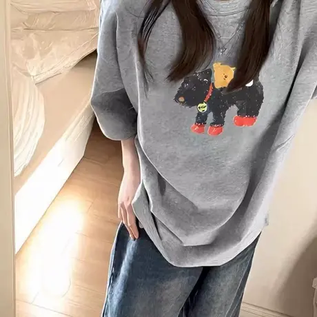 灰色纯棉短袖T恤女2025夏季新款宽松打底衫韩版内搭卡通印花上衣商品大图