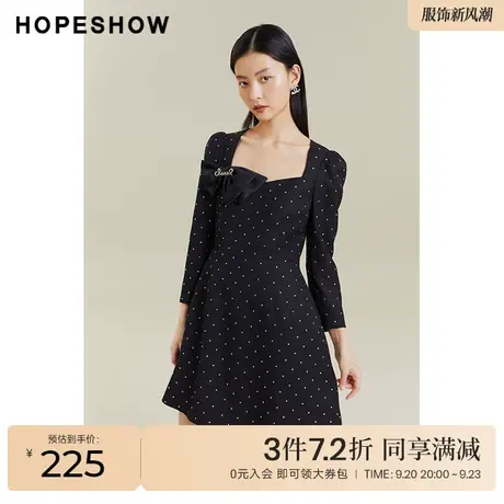 红袖outlets波点方领连衣裙hopeshow2022秋季款烫钻收腰套头裙子图片