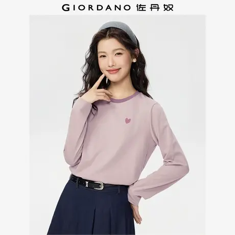 佐丹奴T恤女装纯棉爱心刺绣撞色圆领针织长袖T恤 13325792商品大图