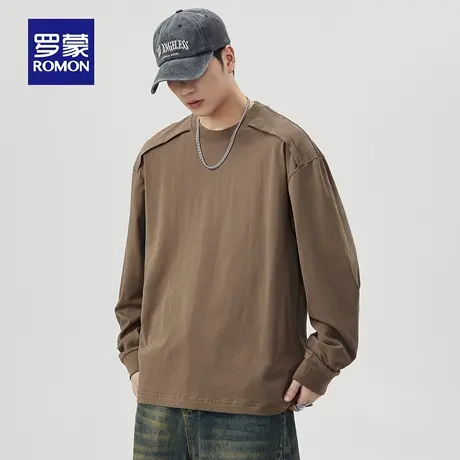 罗蒙纯色拼接时尚卫衣秋季重磅宽松圆领T恤衫男士时尚长袖上衣N1Z图片