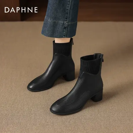 达芙妮英伦风短靴女2026新款冬季法式复古针织拼接瘦瘦靴子马丁靴商品大图
