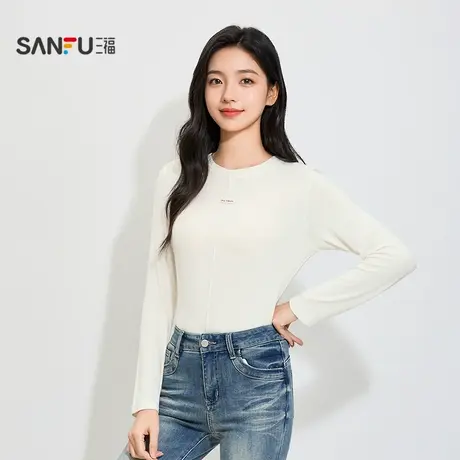 三福女秋季英文织标长袖单衣打底衫 休闲轻暖内搭外穿上衣507937商品大图