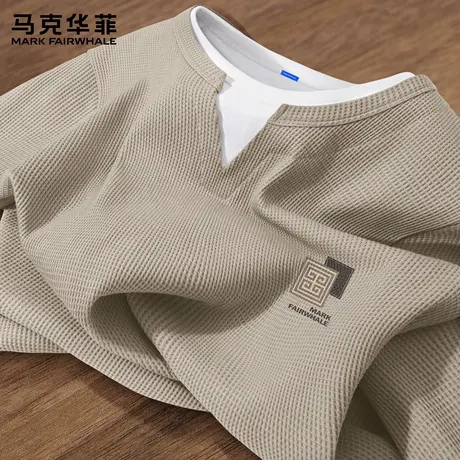马克华菲假两件长袖t恤男华夫格2025新款秋季国潮男士宽松打底衫X商品大图