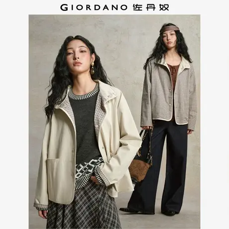 设计师款佐丹奴外套女装秋冬新款双面穿格纹宽松翻领夹克18375813商品大图