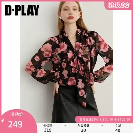 DPLAY2025年秋季新款粉色印花衬衫女飘带设计碎花衬衣宽松上衣商品大图