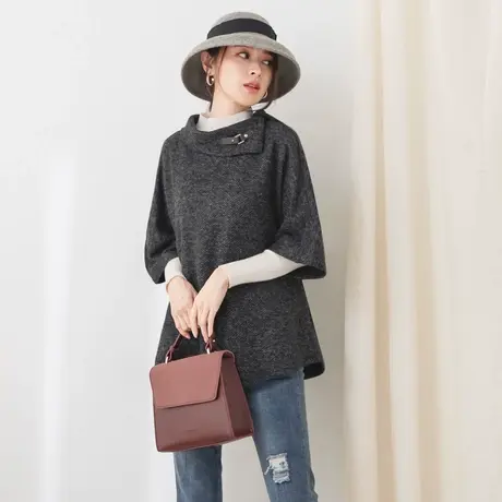 桔熊秋冬季通勤外搭叠穿翻领a字针织罩衫斗篷式上衣女大码AB14339图片