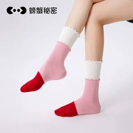 螃蟹秘密袜子女款秋冬中筒袜木耳边粉色ins堆堆长筒袜运动7A抗菌商品大图