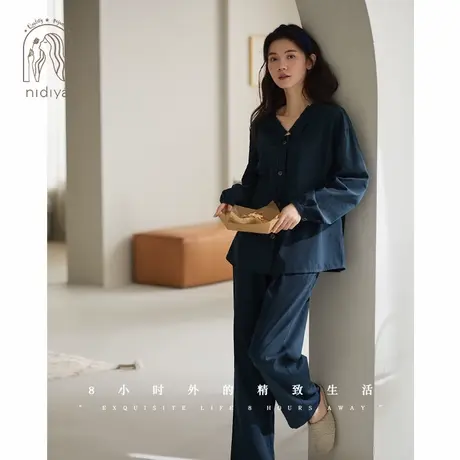 妮狄娅睡衣女秋季纯棉长袖开衫款复古文艺春秋季可外穿家居服套装商品大图