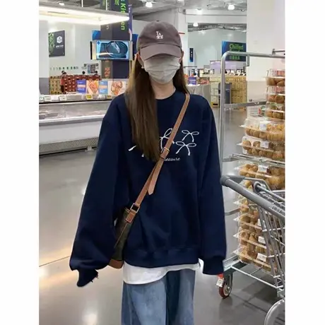 藏蓝色圆领卫衣女2025新款爆款秋冬宽松美式慵懒chic加绒无帽上衣商品大图