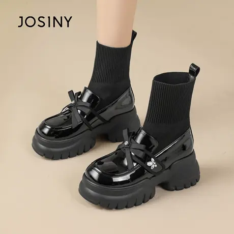 卓诗尼厚底弹力袜靴女2025新款黑色靴子女加绒小皮鞋配裙子蝴蝶结图片