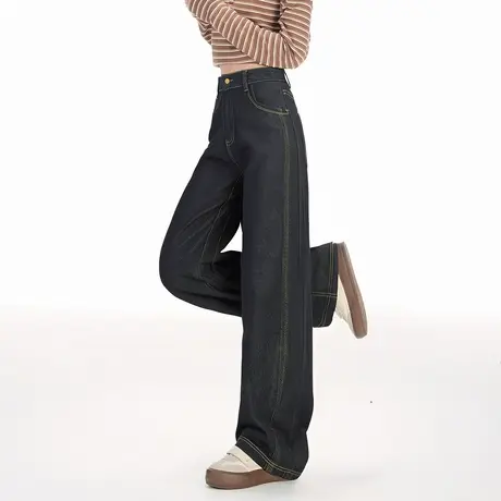 唐狮秋季牛仔长裤女士撞色直筒阔腿春秋高级感时尚小个子女裤tu图片