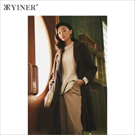 YINER音儿女装冬季新款羊毛含羊绒双面呢大衣商品大图