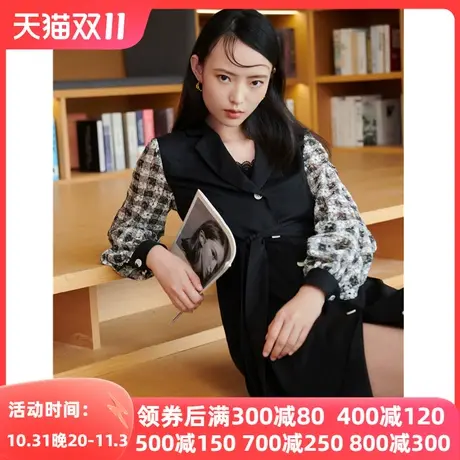 LESIES蓝色倾情春秋线下专柜商场同款 黑色拼接格纹西装领风衣图片