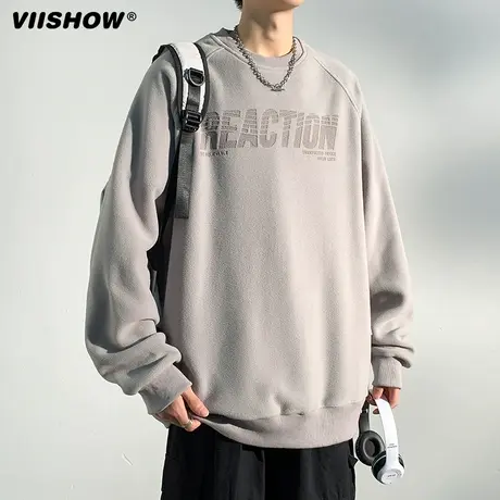 VIISHOW麂皮绒卫衣男士2023秋季新款潮牌上衣服圆领美式复古上衣商品大图