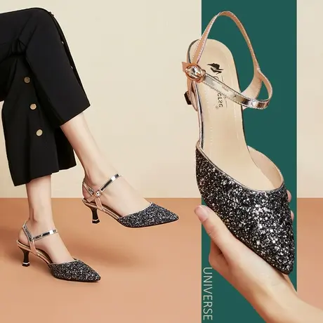 清仓银色包头凉鞋款女优雅气质尖头一字带高跟鞋黑色亮片包头商品大图