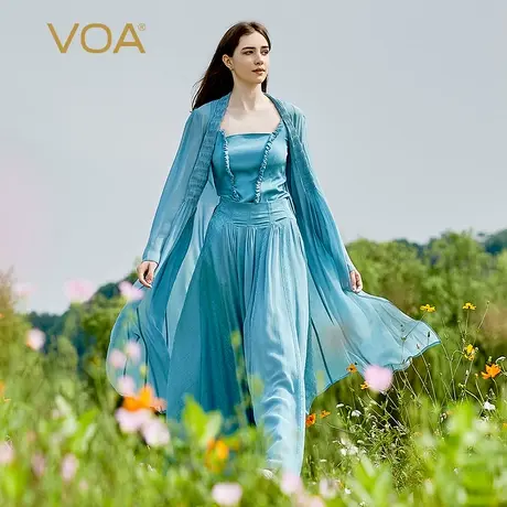 VOA桑蚕丝乔其纱冰蓝色围巾领塔克褶设计轻薄飘逸风衣外套女图片