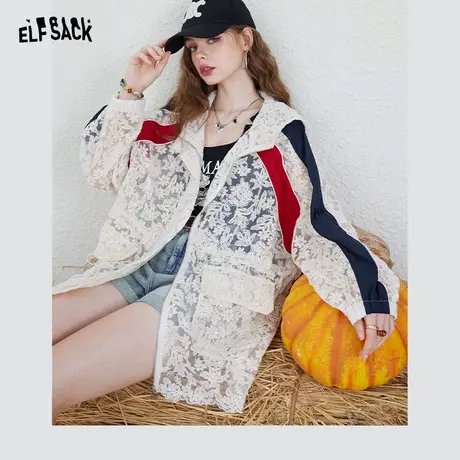 妖精的口袋轻薄防晒外套女2023秋季新款拼接宽松显瘦蕾丝休闲上衣商品大图