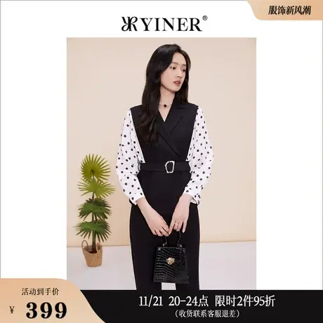 YINER音儿线上专选女装2023春季撞色波点图案西装领衬衫收腰上衣商品大图