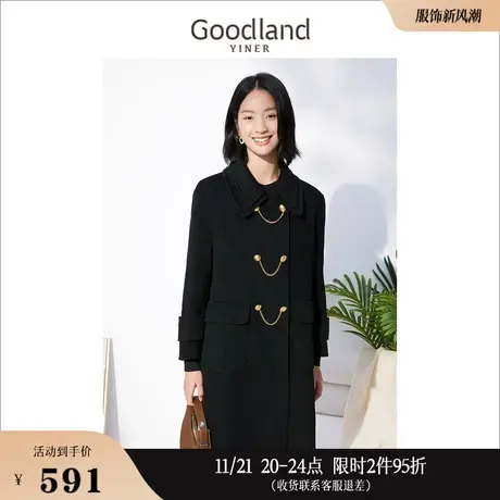 Goodland美地女装冬季双排扣赫本风双面呢羊毛大衣黑色外套商品大图