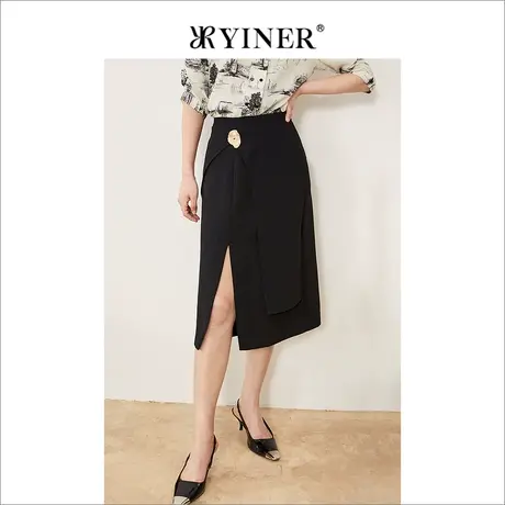 YINER音儿女装2021秋季新款金属装饰开衩半身裙图片