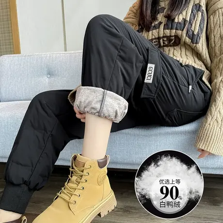 外穿白鸭绒工装羽绒裤女2023冬季新款高腰直筒加厚抗寒棉裤保暖裤商品大图