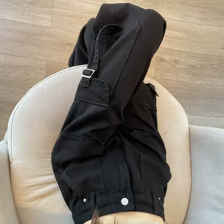 美式黑色牛仔工装裤女春秋高腰小个子宽松直筒阔腿运动休闲长裤子商品大图