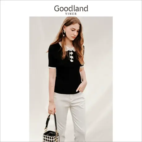 音儿美地女装2022夏季新款短袖黑色娃娃领薄款针织衫商品大图