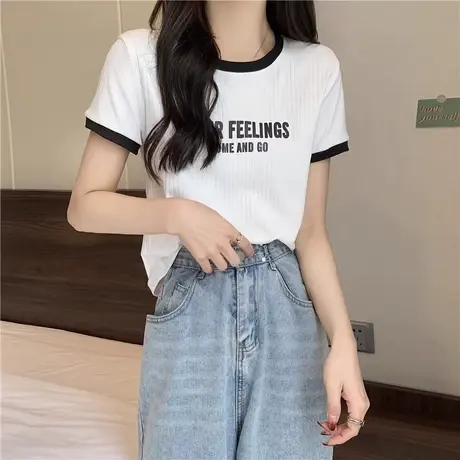 高腰短款短袖T恤女夏季ins潮宽松韩版小众洋气减龄chic港味上衣服商品大图