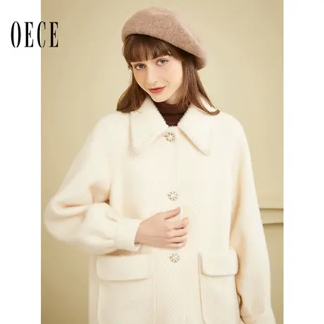 Oece冬装新款女装 复古中长款毛呢外套气质呢子大衣图片