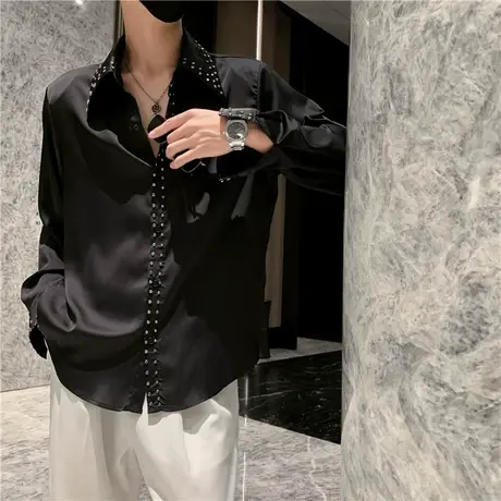 秋装男士铆钉缎面亮光衬衫长袖宽松潮牌潮流帅气发型师上衣外套商品大图