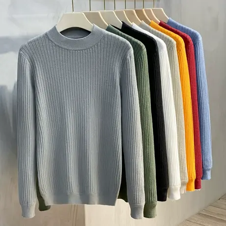 秋冬新款毛衣男套头休闲纯色打底衫半高领保暖针织衫男士潮流中领商品大图