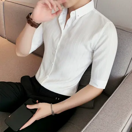 男士高端短袖衬衫夏季韩版高级感商务轻奢时尚暗条纹七分中袖衬衣商品大图