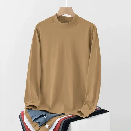240g重磅纯棉长袖t恤男装2024新款半高领内搭打底衫中领纯色体恤商品大图