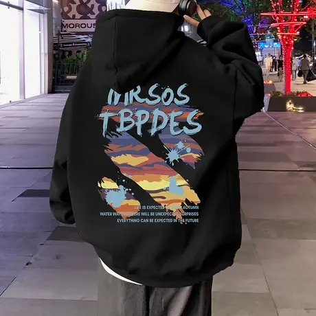 国潮高街涂鸦印花连帽卫衣男春秋季新款情侣帽衫重磅oversize外套商品大图