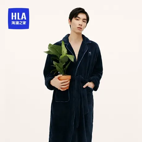 HLA/海澜之家长毛绒翻领加厚睡袍男翻领开衫中长款浴袍男士家居服商品大图