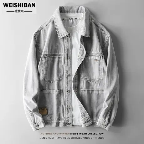 2022年春季灰白牛仔外套男潮流帅气印花宽松夹克高街痞帅牛仔衣男图片