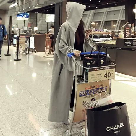 秋装韩版中长款灰色卫衣女宽松大码bf风学生过膝外套休闲连帽开衫图片