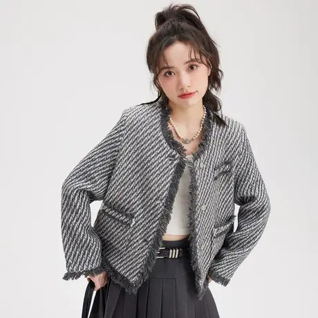 尔给条纹开衫小众高级感流苏小香风外套女秋冬款2022新款设计感商品大图