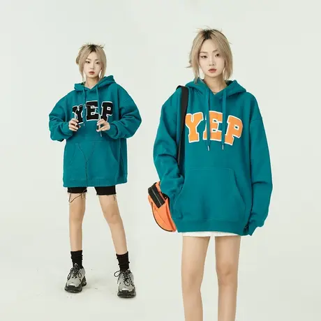 yep字母植绒连帽卫衣女春秋加厚oversize外套上衣美式复古潮女款商品大图
