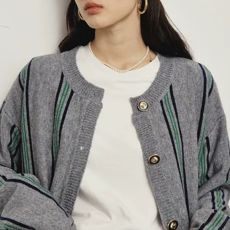 omont蛋挞家 复古条纹针织开衫秋冬2023新款慵懒圆领宽松毛衣女图片