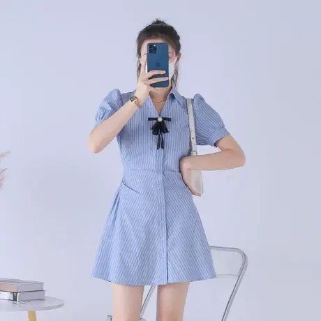 蓝色条纹连衣裙女学院风甜酷辣妹复古蝴蝶结收腰A字短款衬衫裙子图片