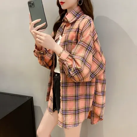 格子衬衫女夏季薄款长袖网红宽松韩版百搭外套港风防晒女士衬衣潮商品大图