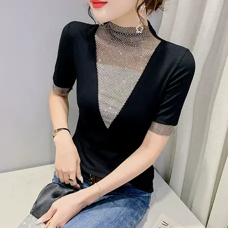 性感镂空洋气短袖T恤女欧货网红设计感烫钻上衣修身百搭半袖小衫商品大图