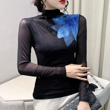 性感网纱上衣女加绒秋冬气质印花减龄T恤内搭半高领打底衫长袖商品大图