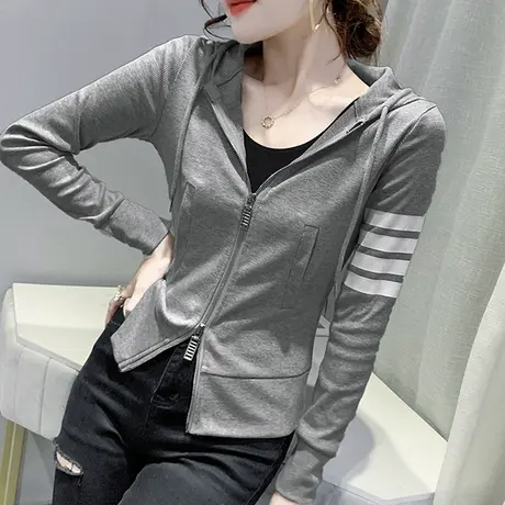 春秋加绒拉链外套女长袖洋气设计感开衫上衣韩版休闲个性连帽卫衣商品大图