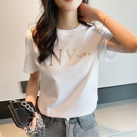 夏装短袖白色t恤女2023新款韩版纯棉印花字母体恤宽松圆领上衣ins商品大图