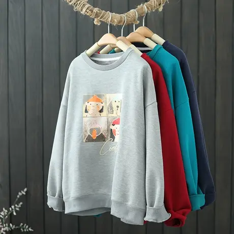 文艺印花加绒卫衣女 冬季新款舒适百搭圆领套头上衣简约保暖女装图片